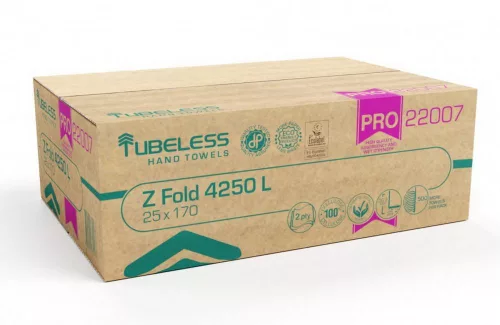 Tubeless Z Hajtogatott kéztörlő 2 rétegű, 100% cellulóz, 20,3x24cm, 25x170 lap 4250 lap/karton