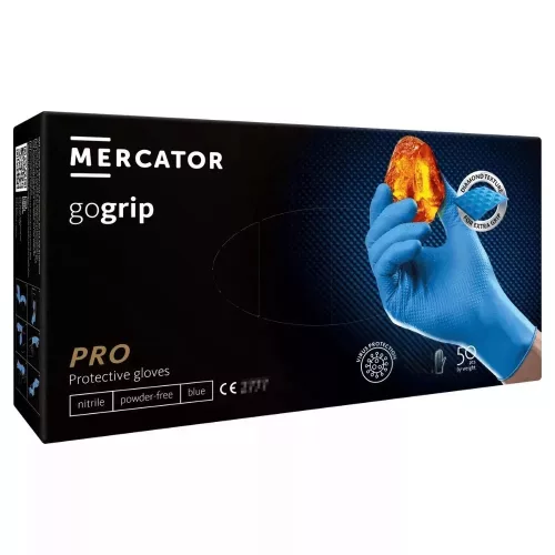 MERCATOR gogrip (blue)nitril védőkesztyű kék púdermentes,gyémánt textúrált S,50 db/doboz 