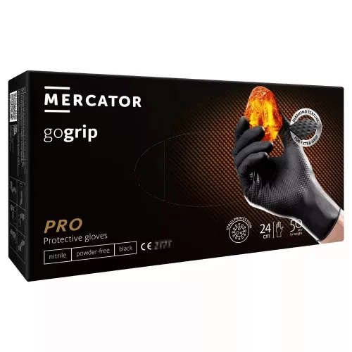 MERCATOR gogrip (black)nitril védőkesztyű fekete púdermentes,gyémánt textúrált M,50 db/doboz 