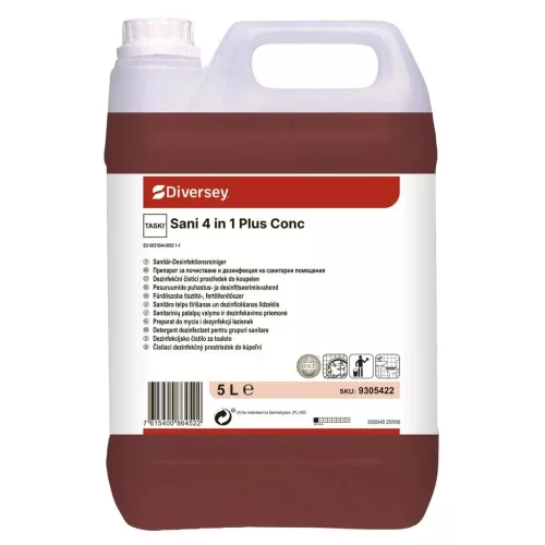 TASKI Sani 4 in 1 Plus Conc Mosdótisztító, vízkőoldó, fertőtlenítő és szagtalanító, BPR engedéllyel 5L (2db/karton)