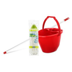   Bonus Felmosó szett-vödör PIROS 11L  csavaró kosár, felmosó nyél 120cm CottonMop 160gr