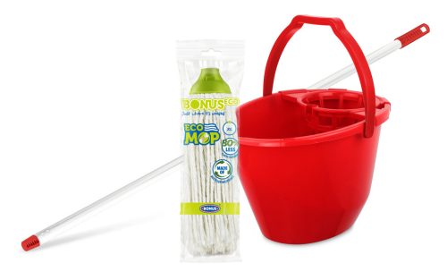 Bonus Felmosó szett-vödör PIROS 11L  csavaró kosár, felmosó nyél 120cm CottonMop 160gr