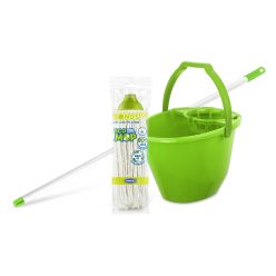   Bonus Felmosó szett-vödör ZÖLD 11L  csavaró kosár, felmosó nyél 120cm CottonMop 160gr