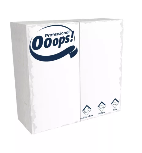 Ooops! szalvéta 33X33cm, 2r., 1/8 hajtás, FEHÉR, 100 lap/csg, 20csg/karton, 42karton/raklap