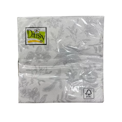 Daisy karácsonyi szalvéta 3 rétegű, 33X33cm, 1/4 hajtás, 20db/csg Fehér, ezüst mintázattal