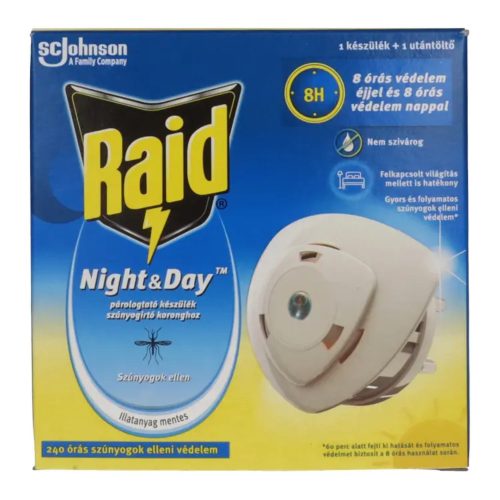 Raid Night & Day 240 órás szúnyog- és légyirtó párologtató készülék + 1db utántöltő